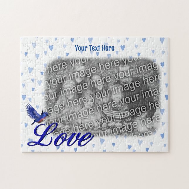 Puzzle Bluebird Love Blue Hearts Frame Ajouter votre phot (Horizontal)