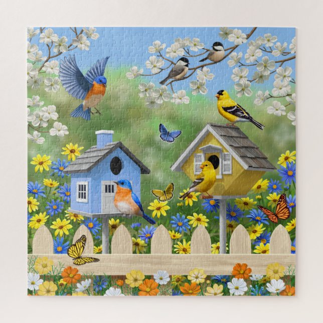 Puzzle Bluebirds Goldfinches Birdhouses Jardin aux fleurs (Vertical)