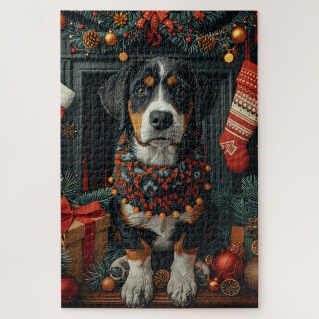 Puzzle Bluetick Coonhound avec Cheminée de Cadeaux de Noë (Vertical)