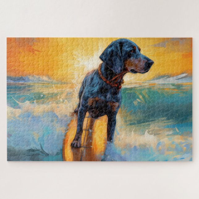 Puzzle Bluetick Coonhound Beach Plage Plage de surf Peint (Horizontal)