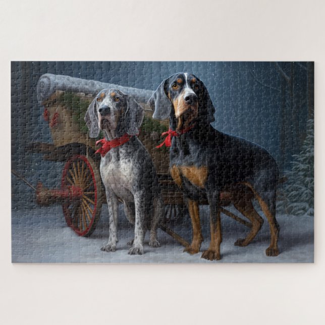 Puzzle Bluetick Coonhound enneigé Traîneau Noël Décoratio (Horizontal)