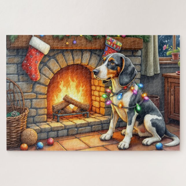 Puzzle Bluetick Coonhound Fireplace with Christmas Lights (Horizontal)