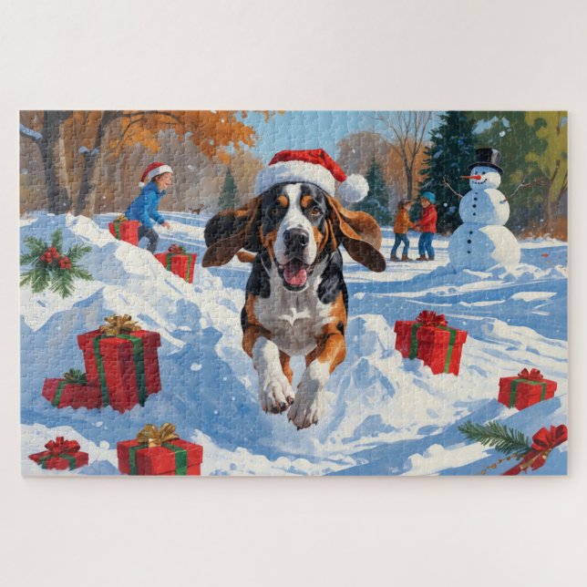 Puzzle Bluetick Coonhound Scène de neige festive de Noël (Horizontal)