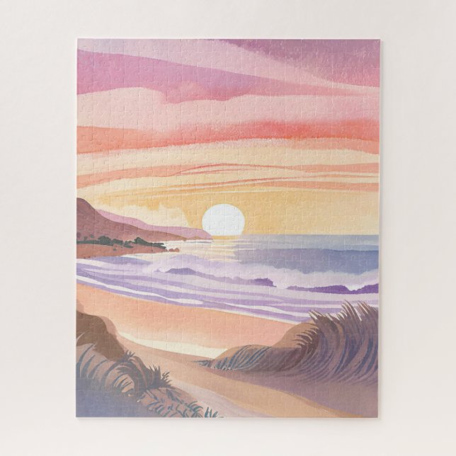 Puzzle Blush Sea Sunset | Beach Watercolor Painting (Vertical)
