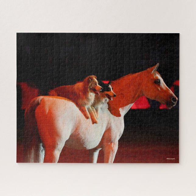 Puzzle Bob Langrish | Cheval arabe debout avec des chiens (Horizontal)