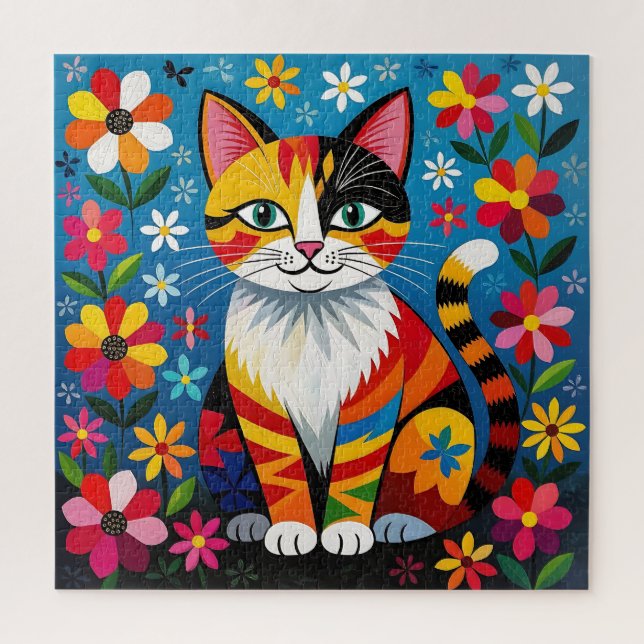 Puzzle Boho Folk Art Cat, Flowers & Butterfly   (Vertical)