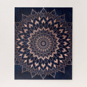 Puzzle Boho rose or floral mandala marine bleu aquarelle