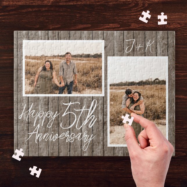 Puzzle Bois 5e anniversaire du Mariage Collage photo pers (Wood 5th Wedding Anniversary Custom Photo Collage Jigsaw Puzzle
)