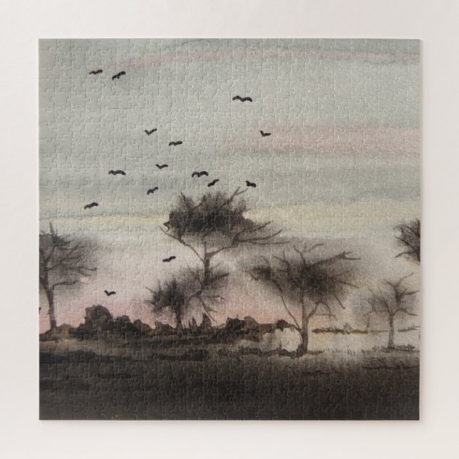 Puzzle bois rustique automne Paysage coucher du soleil (Vertical)