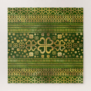 Puzzle Bois vert Shamrock à quatre feuilles et or