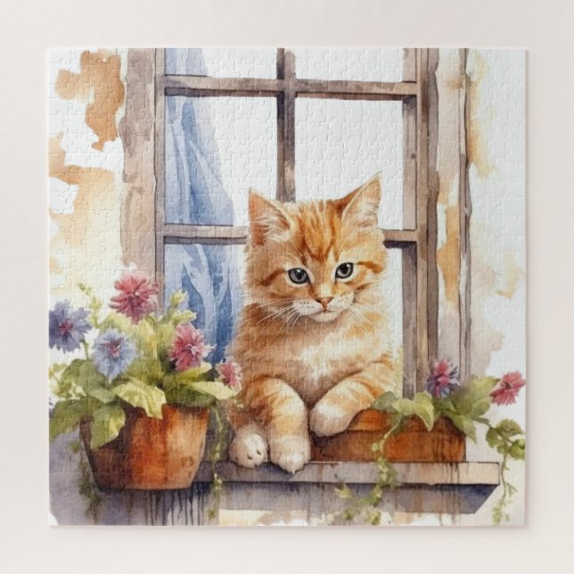 Puzzle Boîte de fleurs de fenêtre de chaton jaune Peintur (Vertical)