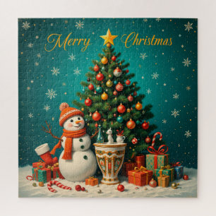 Puzzle Bonhomme de neige festif et sapin de Noël avec des