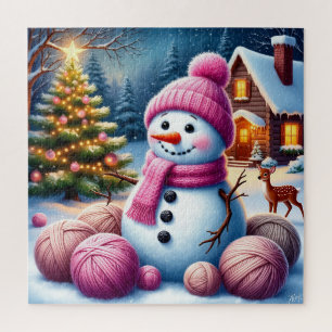 Puzzle Bonhomme de neige joyeux près d'un arbre de Noël d