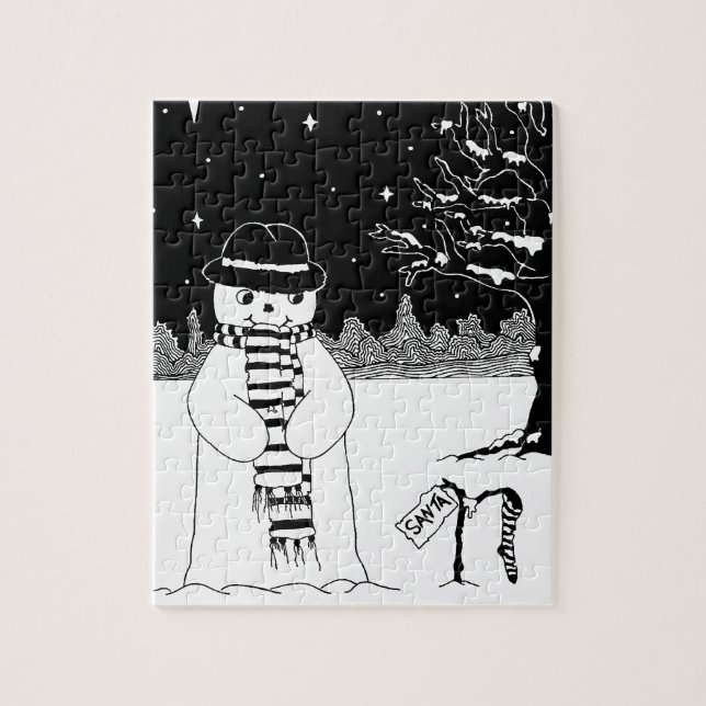 Puzzle bonhomme de neige noir et blanc souriant à noël (Vertical)