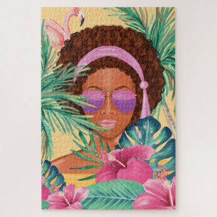 Puzzle Bonjour Girl Beach Beauty Palm & Flamant rose Trop
