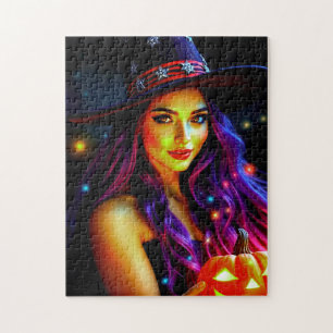 Puzzle Bonne sorcière d'Halloween avec cheveux pourpres