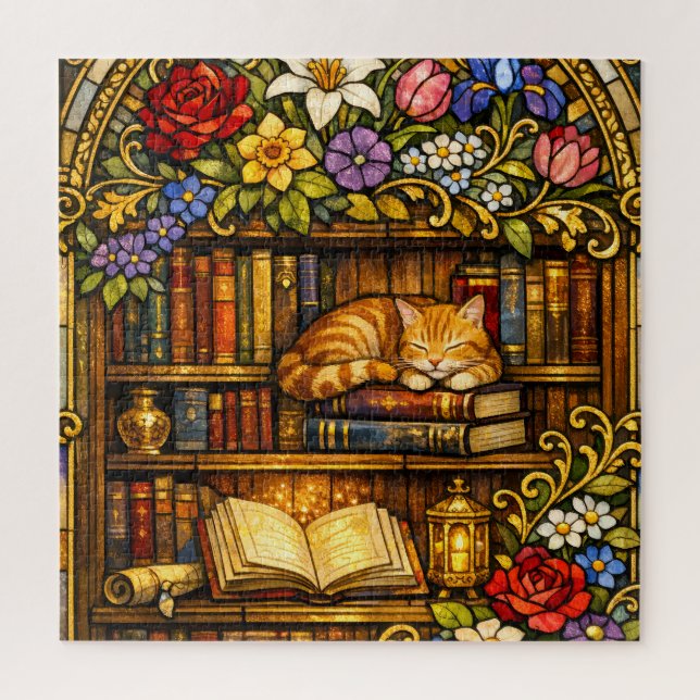 Puzzle Book and Sleeping Cat Lovers Faux Stain Glass (Vertical)
