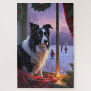 Puzzle Border Collie avec lumières de Noël vacances