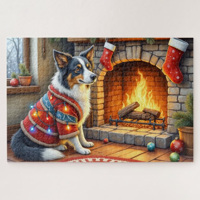 Puzzle Border Collie Cheminée avec Lumières de Noël (Horizontal)