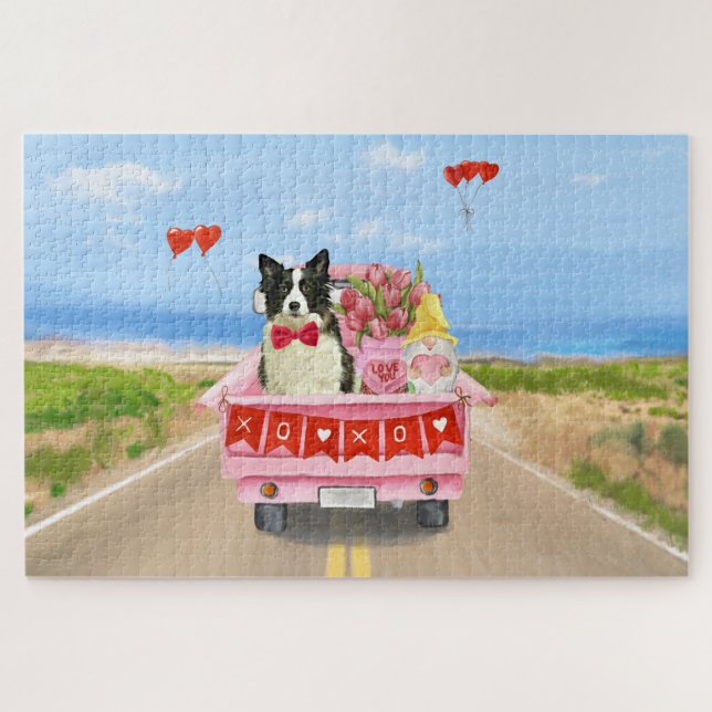 Puzzle Border Collie Chien Saint-Valentin Camion Cœurs (Horizontal)