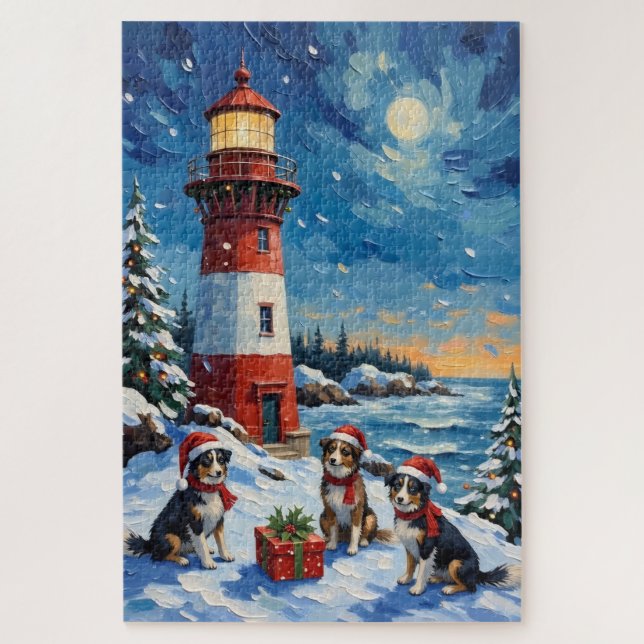 Puzzle Border Collie Christmas Lighthouse Holiday (Vertical)