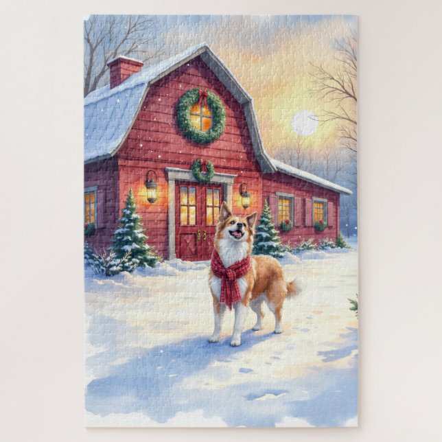 Puzzle Border Collie Country Barn Noël à l'aquarelle (Vertical)