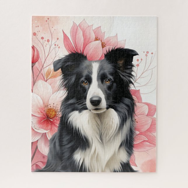 Puzzle Border Collie Dog and Bold Pink Lilies (Vertical)