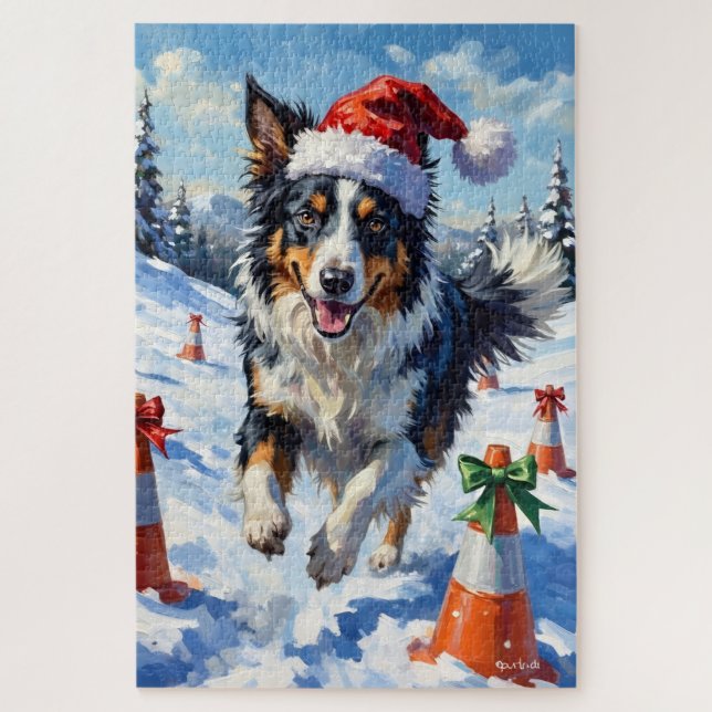 Puzzle Border Collie Dog Christmas Snow Agility Fun (Vertical)