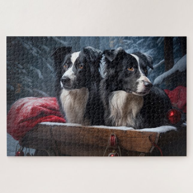 Puzzle Border Collie enneigé Luge Noël Décoration de Noël (Horizontal)