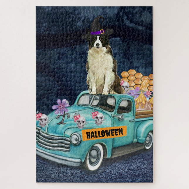 Puzzle Border Collie Halloween Camion Nuit Effrayante (Vertical)
