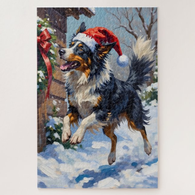 Puzzle Border Collie Mid-Air Christmas Bow Catch Hat (Vertical)