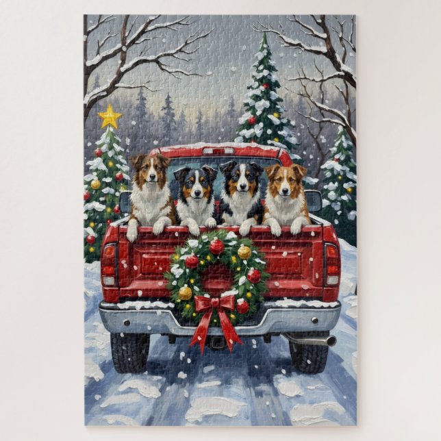 Puzzle Border Collie Noël Camion Rouge Fêtes (Vertical)