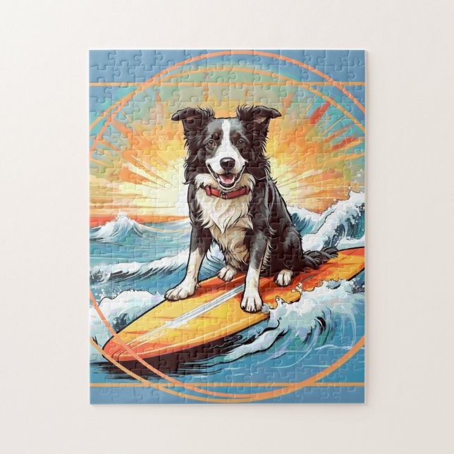 Puzzle Border Collie noir et blanc en train de surfer (Vertical)