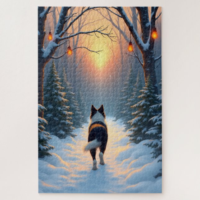Puzzle Border Collie Snowy Forest Walk Holiday Painting (Vertical)