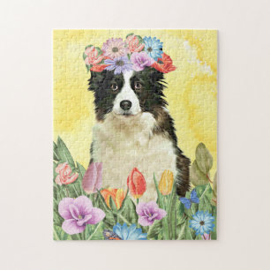 Puzzle Bordure Collie Chien avec Fleurs Printemps