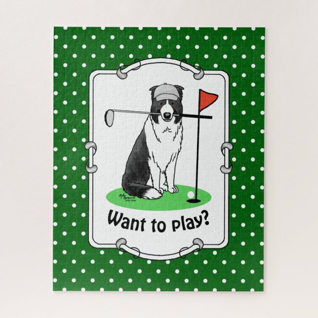 Puzzle Bordure Collie Chien Jouer Golf (noir & blanc) Amu (Vertical)