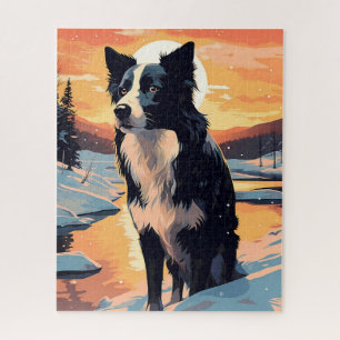 Puzzle Bordure Collie dans la forêt enneigée au coucher d