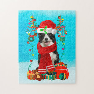 Puzzle Bordure Collie dans la neige avec cadeaux de Noël