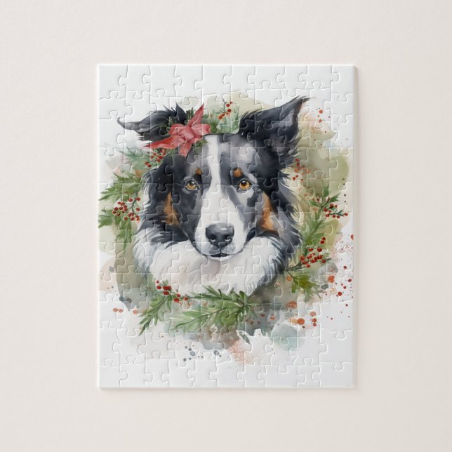 Puzzle Bordure Collie Fête de Noël Wreath Pup (Vertical)
