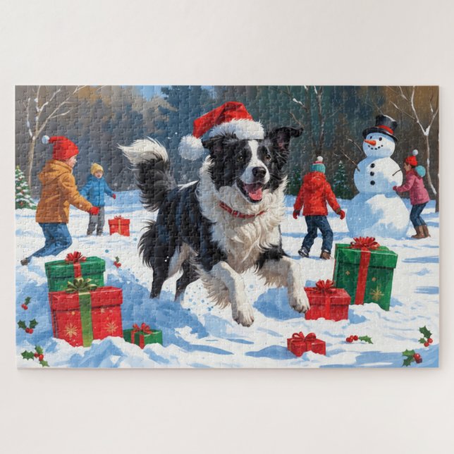 Puzzle Bordure Collie Noël Festive Scène de neige (Horizontal)