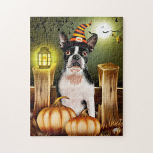 Puzzle Boston Terrier Chien avec sorcière Casquette Hallo