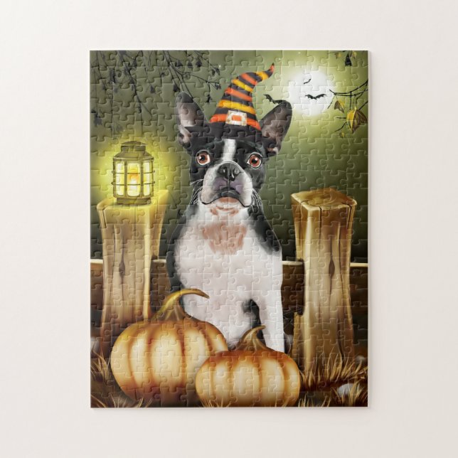 Puzzle Boston Terrier Chien avec sorcière Casquette Hallo (Vertical)