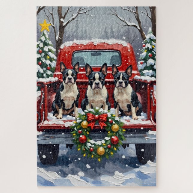 Puzzle Boston Terrier Christmas Red Truck Holiday (Vertical)