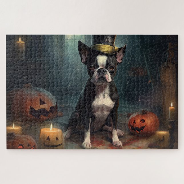 Puzzle Boston Terrier Citrouille Halloween effroi (Horizontal)