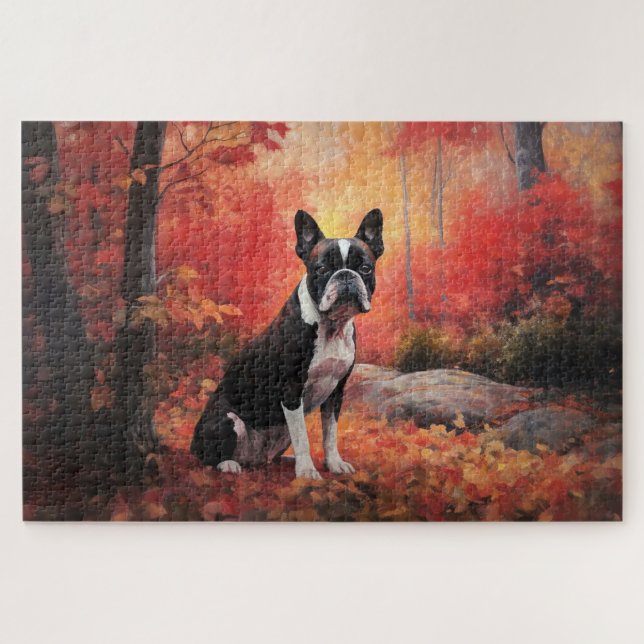 Puzzle Boston Terrier dans les feuilles d'automne qui tom (Horizontal)