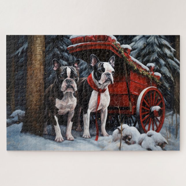 Puzzle Boston Terrier enneigé traîneau décoration de Noël (Horizontal)