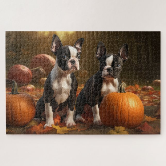 Puzzle Boston Terrier Puppy Automne Citrouille de plaisir (Horizontal)