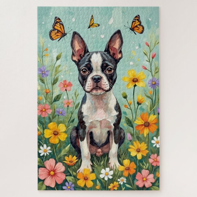 Puzzle Boston Terrier Spring Botanical Garden Dog (Vertical)