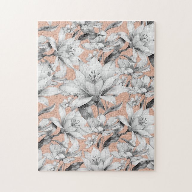 Puzzle Botanique noir blanc rose or parties scintillant f (Vertical)