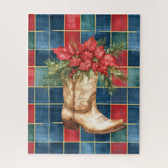 Puzzle Botte de cowboy de l'Ouest Noël Floral rouge (Vertical)